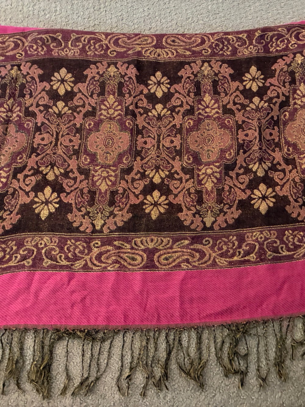 Pink and Brown Floral Jacquard Fringe Wrap Scarf
